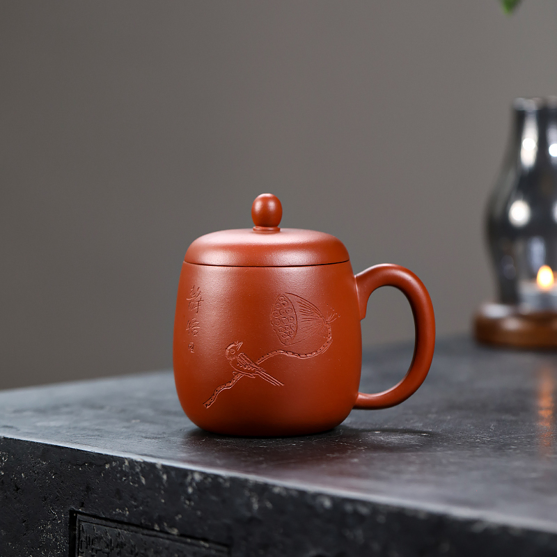 Chinese Yixing purple clay  lidded cup Original mine Zhu Ni hand made 380ml