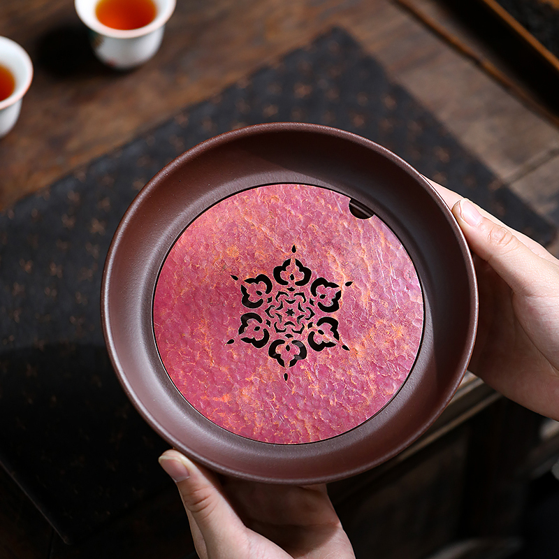 Yixing Handmade Purple Sand Tea Tray High-end Copper Round Water Storage Dry Brewing Table Teapot Holder