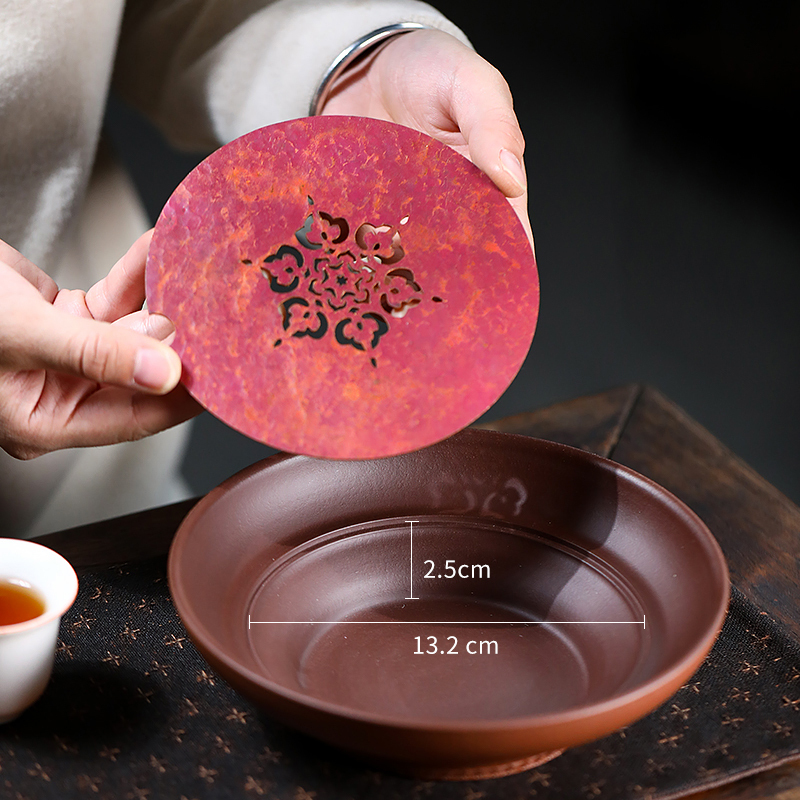 Yixing Handmade Purple Sand Tea Tray High-end Copper Round Water Storage Dry Brewing Table Teapot Holder