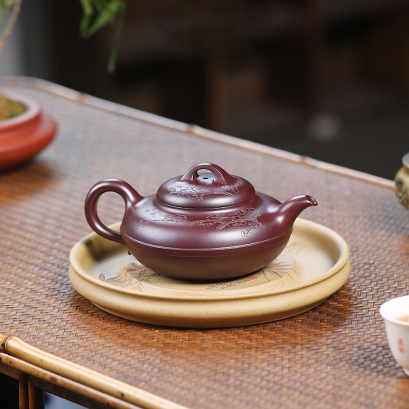 Yixing raw ore purple clay teapot No. 1 factory old craftsman Yin Yusheng handmade line round teapot raw ore dragon blood sand teapot