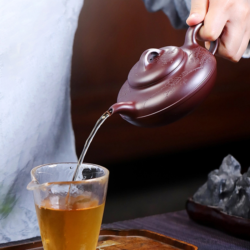 Yixing raw ore purple clay teapot No. 1 factory old craftsman Yin Yusheng handmade line round teapot raw ore dragon blood sand teapot
