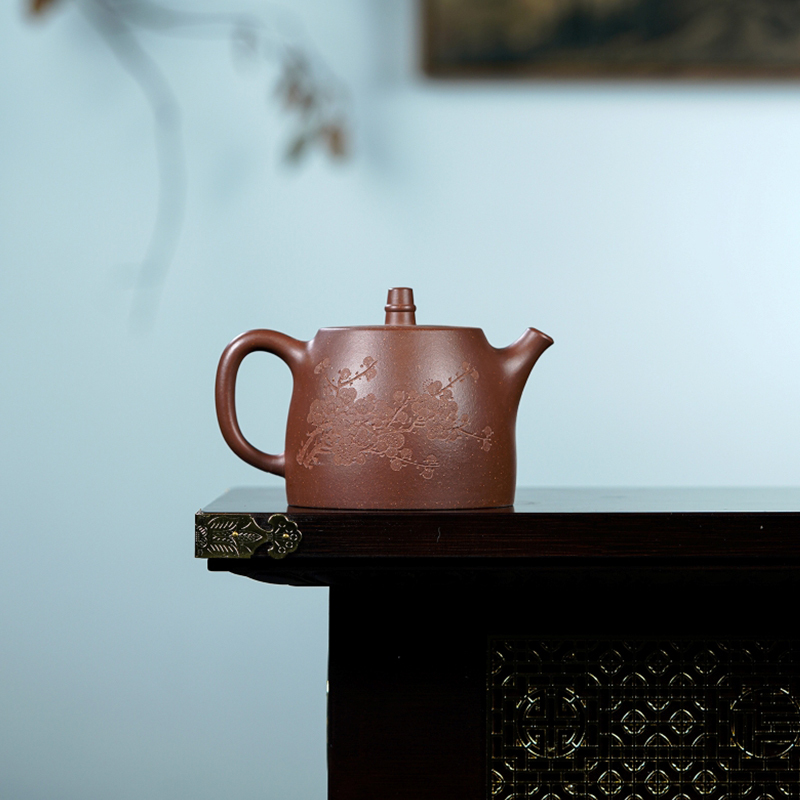 Yuanhu Association Yixing raw mine purple clay pot famous Zhu Xiaoping handmade stone pottery carved plum blossom Han duo pot