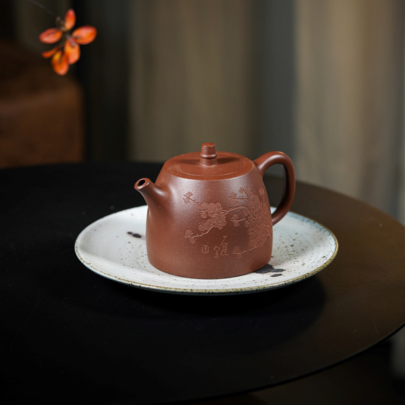 Yuanhu Association Yixing raw mine purple clay pot famous Zhu Xiaoping handmade stone pottery carved plum blossom Han duo pot