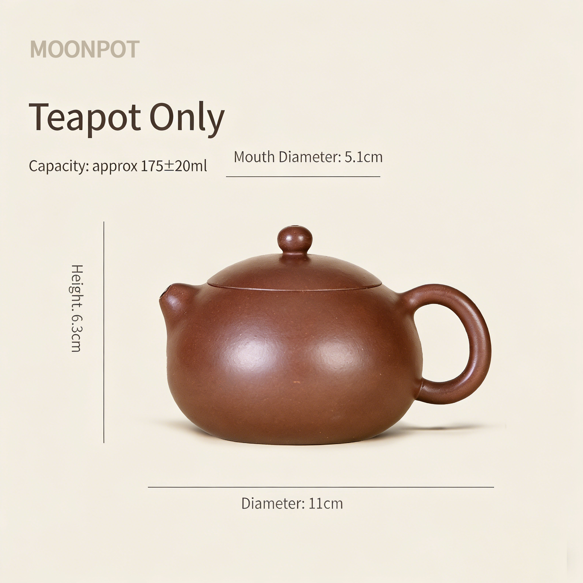 Yixing Zisha "Xishi" Teapot (Moonpot), 175ml, handmade from authentic iron-sand Zini clay—a traditional small teapot for home tea brewing, perfect as a gift.
