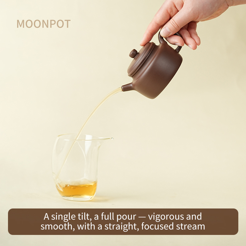Yixing Purple Clay Moonpots — Shuiping Teapot. Crafted from raw Zhuni clay, capturing the beauty of an antique Qing Dynasty original. 150ml.