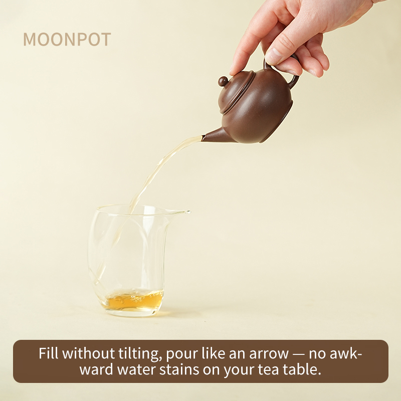 Yixing Purple Clay Moonpots — Shuiping (Level) Teapot. Crafted from raw Zi Sha purple clay, designed as a Gongfu tea brewing vessel. 130ml capacity.