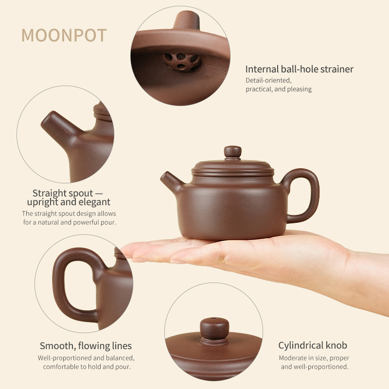Yixing Purple Clay Moonpots — Shuiping Teapot. Crafted from raw Zhuni clay, capturing the beauty of an antique Qing Dynasty original. 150ml.