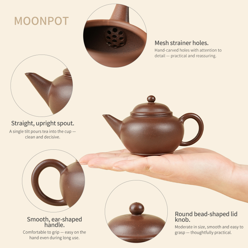 Yixing Purple Clay Moonpots — Shuiping (Level) Teapot. Crafted from raw Zi Sha purple clay, designed as a Gongfu tea brewing vessel. 130ml capacity.