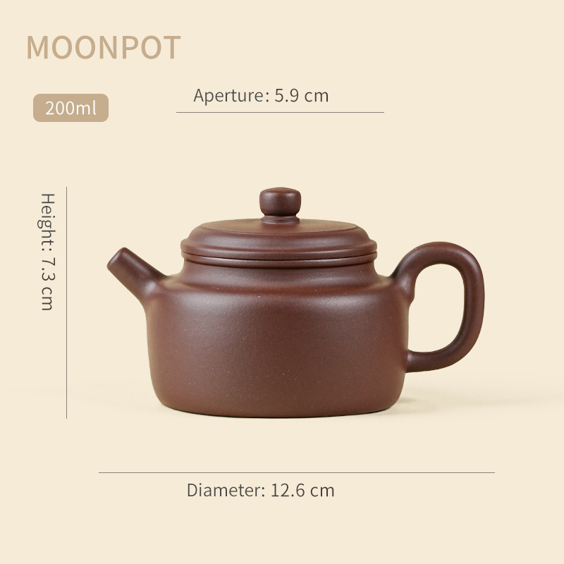 Yixing Purple Clay Moonpots — Shuiping Teapot. Crafted from raw Zhuni clay, capturing the beauty of an antique Qing Dynasty original. 150ml.