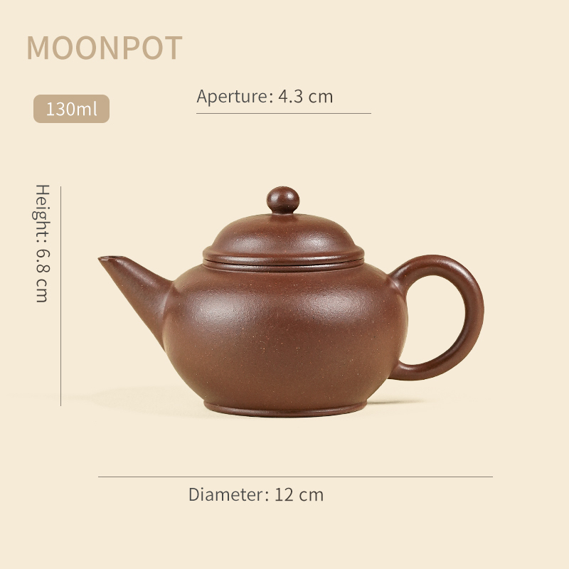 Yixing Purple Clay Moonpots — Shuiping (Level) Teapot. Crafted from raw Zi Sha purple clay, designed as a Gongfu tea brewing vessel. 130ml capacity.