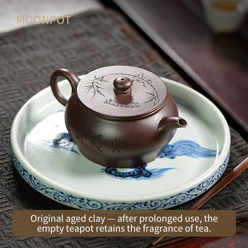 Yixing Zisha Moonpots Stone Drum Teapot, Raw Zini Purple Clay, Kung Fu Tea Set, 220ml
