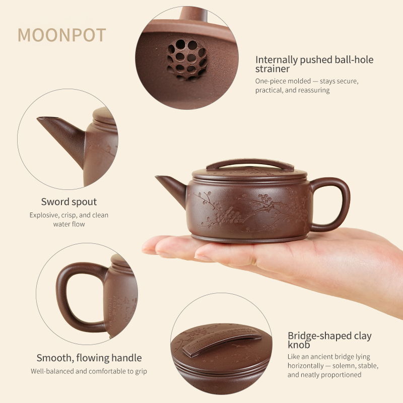 Yixing Zisha Moonpots Jianliu Hanwa Teapot, Raw Zini Purple Clay, Kung Fu Tea Set, 125ml