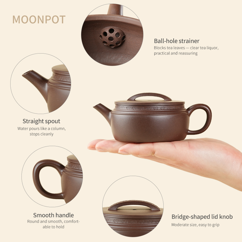 Yixing Zisha Moonpots Ming-style Hanwa Teapot, Raw Zini Purple Clay, Kung Fu Tea Set, 150ml