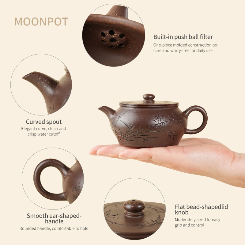 Yixing Zisha Moonpots Stone Drum Teapot, Raw Zini Purple Clay, Kung Fu Tea Set, 220ml
