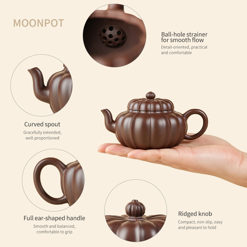 Yixing Zisha Moonpots Fan Lian Teapot, Raw Purple Clay Kung Fu Tea Pot 140ml