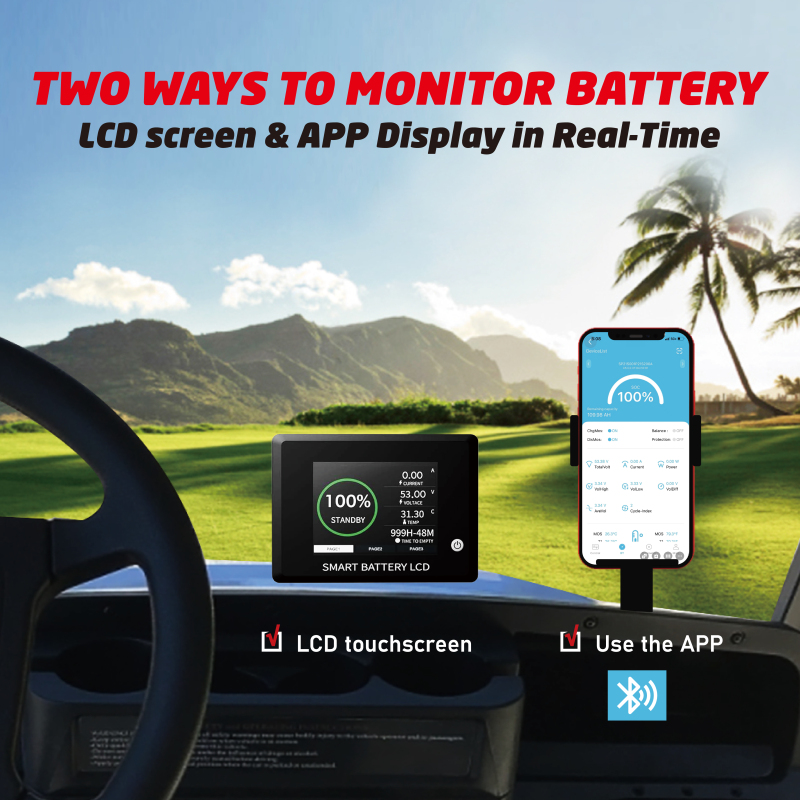 48V(51.2V) LiFePO4 Lithium Golf Cart Battery Built-in 250A BMS,with 48V 20A Lithium Battery Charger,Mobile APP,Touch Monitor,Port Plug and retention strap,6000+ Cycles,Perfect for Golf Carts (Plastic)