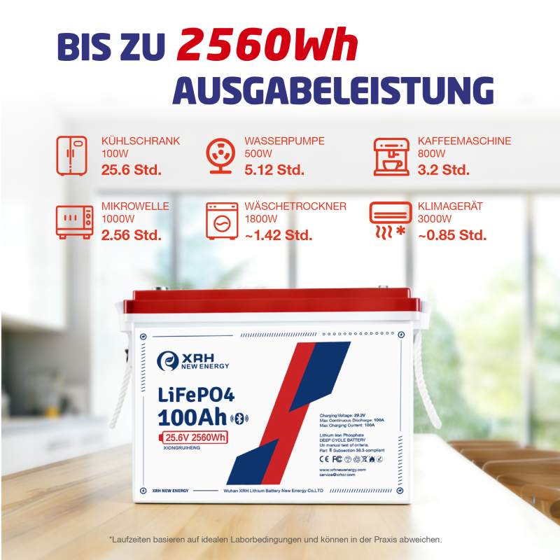 24 V 100 Ah LiFePO4 Lithium Battery, 2560 W, Integrated BMS, Deep Cycle Battery for Motorhome, Solar, Boat and Emergency Power