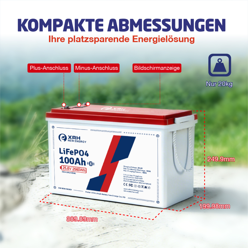 24 V 100 Ah LiFePO4 Lithium Battery, 2560 W, Integrated BMS, Deep Cycle Battery for Motorhome, Solar, Boat and Emergency Power