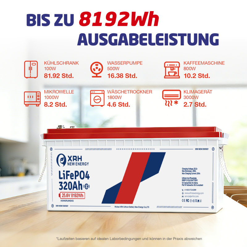 24 V 320 Ah LiFePO4 Lithium Battery with 200 A BMS Protection, Max. 8192 W Power, up to 15000 Cycles, 10 Year Life, Ideal AGM Battery Replacement for Motorhomes, Caravans and Solar Power Systems