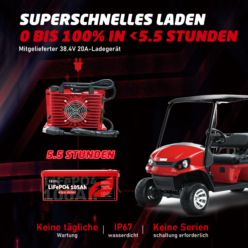36V(38.4V) LiFePO4 Lithium Battery Built-in 250A BMS,with 36V 20A Lithium Battery Charger,Mobile APP,Touch Monitor,Port Plug,Retention strap,6000+Cycles,Perfect for Golf Carts.