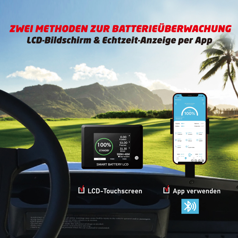 36V(38.4V) LiFePO4 Lithium Battery Built-in 250A BMS,with 36V 20A Lithium Battery Charger,Mobile APP,Touch Monitor,Port Plug,Retention strap,6000+Cycles,Perfect for Golf Carts.
