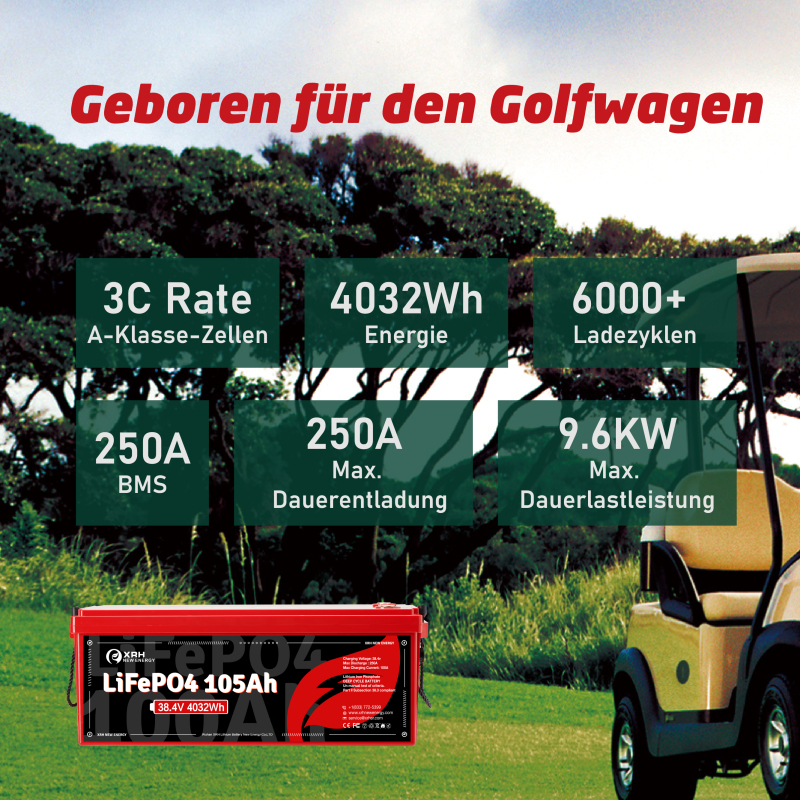 36V(38.4V) LiFePO4 Lithium Battery Built-in 250A BMS,with 36V 20A Lithium Battery Charger,Mobile APP,Touch Monitor,Port Plug,Retention strap,6000+Cycles,Perfect for Golf Carts.