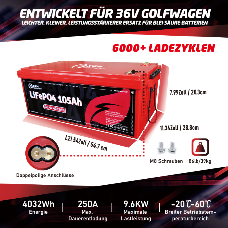36V(38.4V) LiFePO4 Lithium Battery Built-in 250A BMS,with 36V 20A Lithium Battery Charger,Mobile APP,Touch Monitor,Port Plug,Retention strap,6000+Cycles,Perfect for Golf Carts.