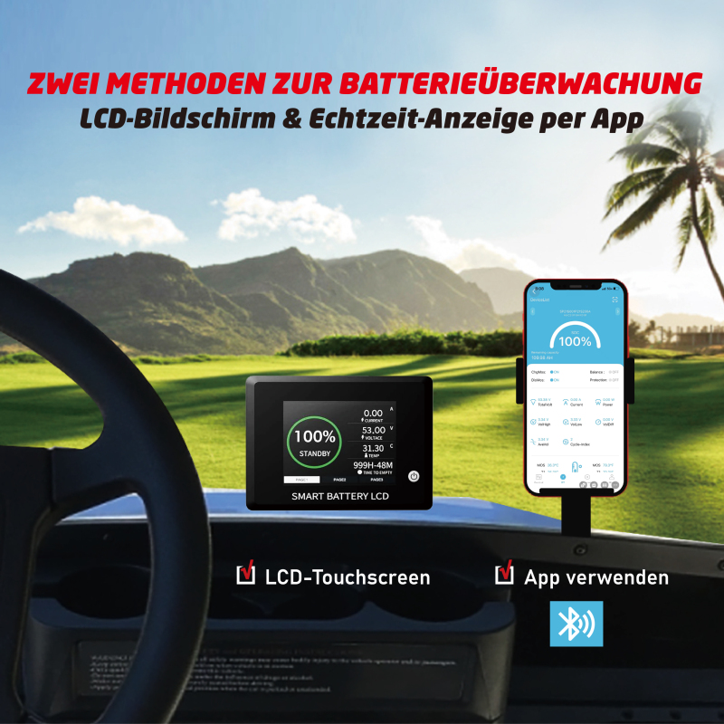 48V (51.2V) LiFePO4 Golf Cart Battery, Built-in 250A BMS, 48V 20A Lithium Charger, Mobile App & Touchscreen Monitor, Port Plug & Tether, 6000+ Cycles, Ideal for Golf Carts