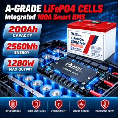 XRH 12V 200Ah LiFePO4 Lithium Battery | 100A BMS | 5000+ Cycles | for Motorhome, Solar Systems & Camping | Replacement for AGM Battery