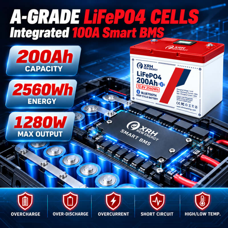 XRH 12V 200Ah LiFePO4 Lithium Battery | 100A BMS | 5000+ Cycles | for Motorhome, Solar Systems & Camping | Replacement for AGM Battery