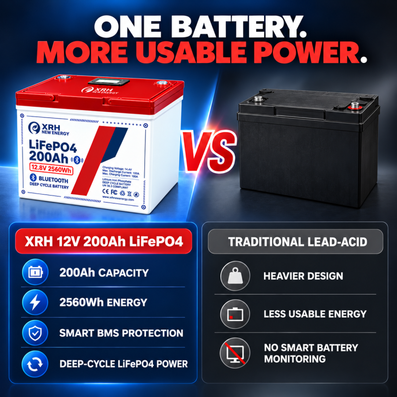 XRH 12V 200Ah LiFePO4 Lithium Battery | 100A BMS | 5000+ Cycles | for Motorhome, Solar Systems & Camping | Replacement for AGM Battery