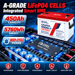 XRH 12V 450Ah LiFePO4 Lithium Battery | 5760Wh Energy | Integrated BMS | Deep Cycle | Perfect for Motorhome, Solar, Boat & Emergency Power