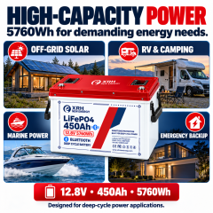 XRH 12V 450Ah LiFePO4 Lithium Battery | 5760Wh Energy | Integrated BMS | Deep Cycle | Perfect for Motorhome, Solar, Boat & Emergency Power