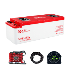 XRH 48V 320Ah LiFePO4 Iron Shell Lithium Golf Cart Battery Kit | Built-in 250A BMS | 6000+ Cycles | with 48V 20A Lithium Battery Charger, Mobile APP, Touch Monitor, Port Plug & Retention Strap | Perfect for Golf Carts