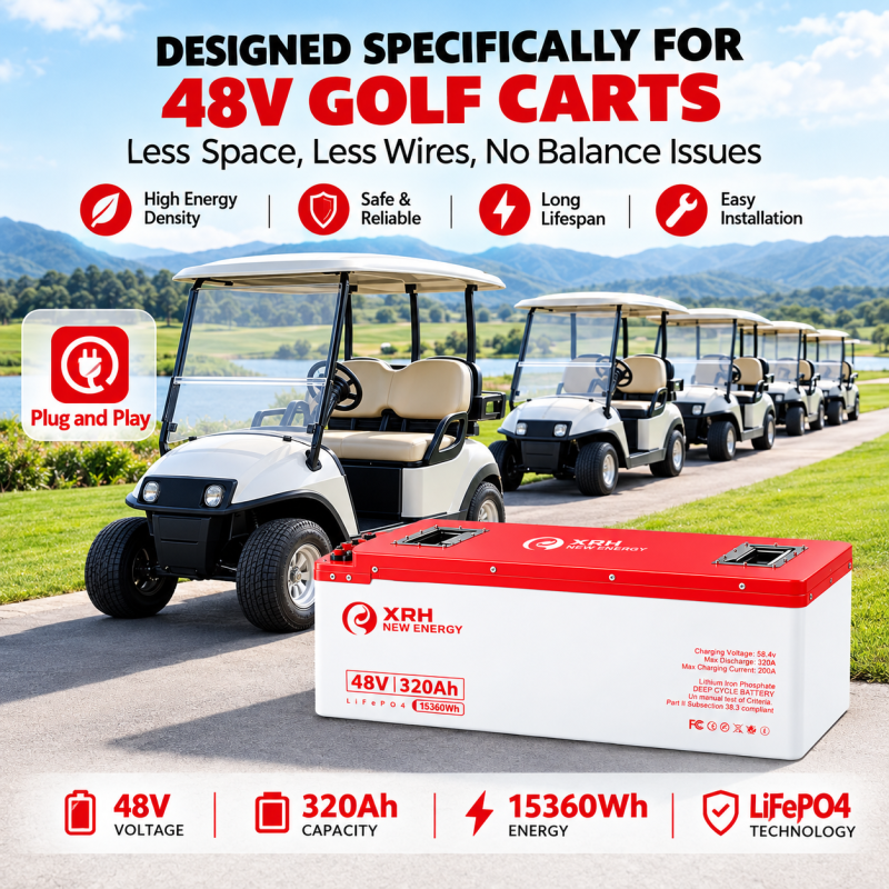 XRH 48V 320Ah LiFePO4 Iron Shell Lithium Golf Cart Battery Kit | Built-in 250A BMS | 6000+ Cycles | with 48V 20A Lithium Battery Charger, Mobile APP, Touch Monitor, Port Plug & Retention Strap | Perfect for Golf Carts