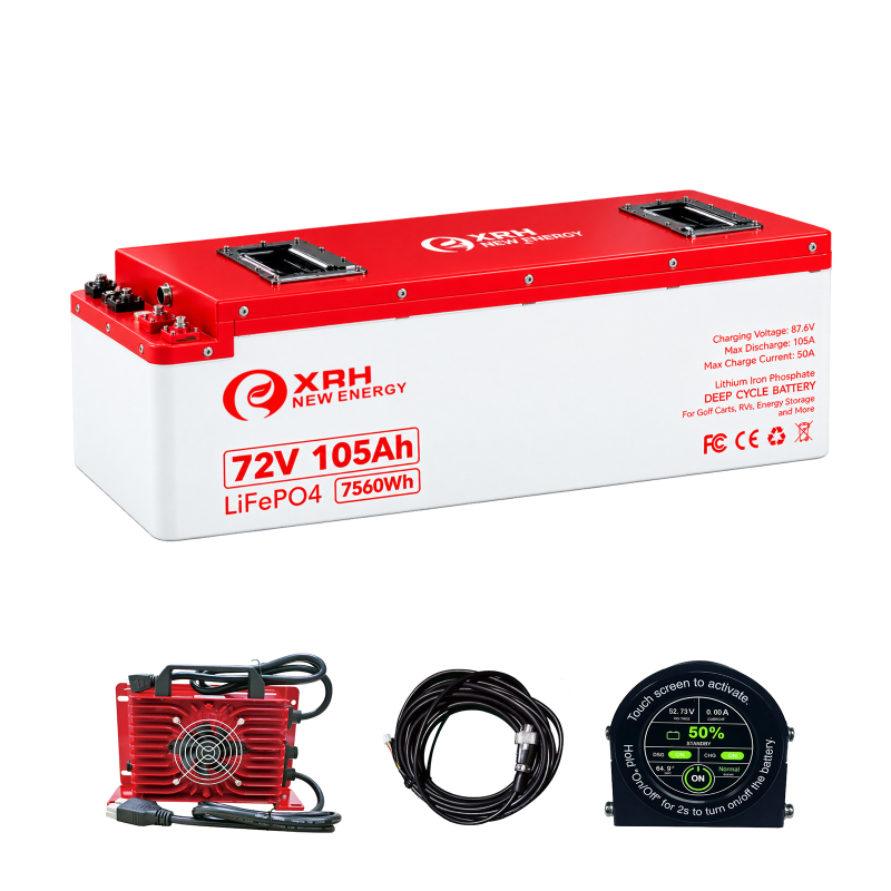 XRH 72V 105Ah LiFePO4 Iron Shell Lithium Golf Cart Battery Kit | Built-in 250A BMS | 6000+ Cycles | with 72V 20A Lithium Battery Charger, Mobile APP, Touch Monitor, Port Plug & Retention Strap | Perfect for Golf Carts