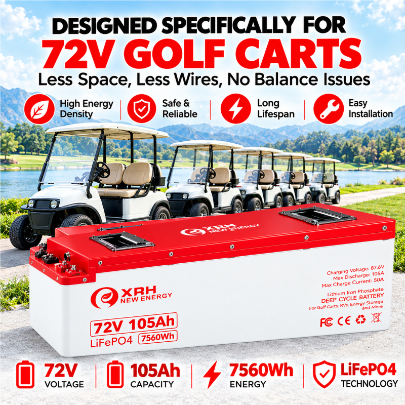 XRH 72V 105Ah LiFePO4 Iron Shell Lithium Golf Cart Battery Kit | Built-in 250A BMS | 6000+ Cycles | with 72V 20A Lithium Battery Charger, Mobile APP, Touch Monitor, Port Plug & Retention Strap | Perfect for Golf Carts