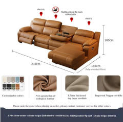 2,98 m Dreisitzer-Sofa mit elektrisch verstellbarer Seite, fester Mittelkonsole, Rückenlehne und Couchtisch in der Mitte sowie elektrisch verstellbarer Chaiselongue.