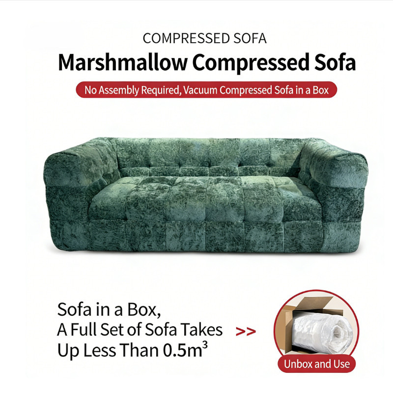 Factory Marshmallow Compressed Sofa, High Density Sponge Snowflake Velvet Sofa in a Box for Wholesale