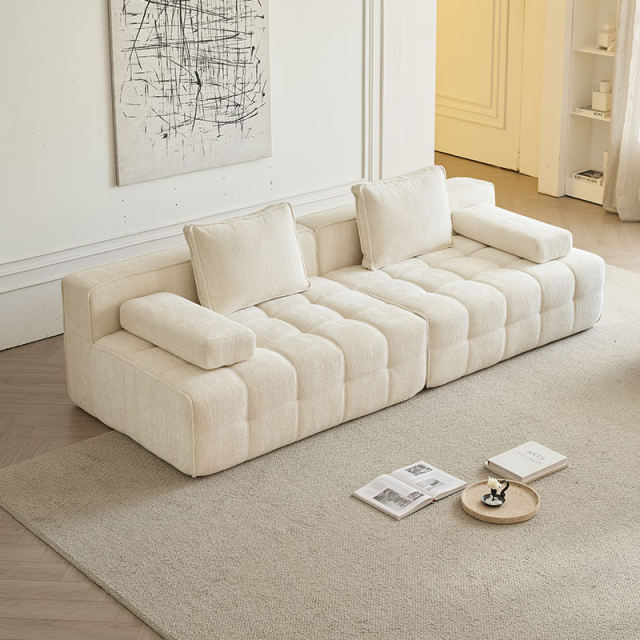 China Manufacturer Cube Modular Compression Sofa Vacuum Packed Sectional Couch 35D High-Density Sponge Button Tufted Chenille Fabric OEM Custom Color for Living Room Apartment