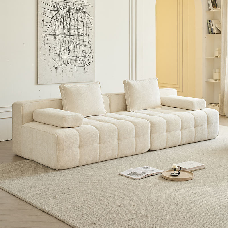 China Manufacturer Cube Modular Compression Sofa Vacuum Packed Sectional Couch 35D High-Density Sponge Button Tufted Chenille Fabric OEM Custom Color for Living Room Apartment