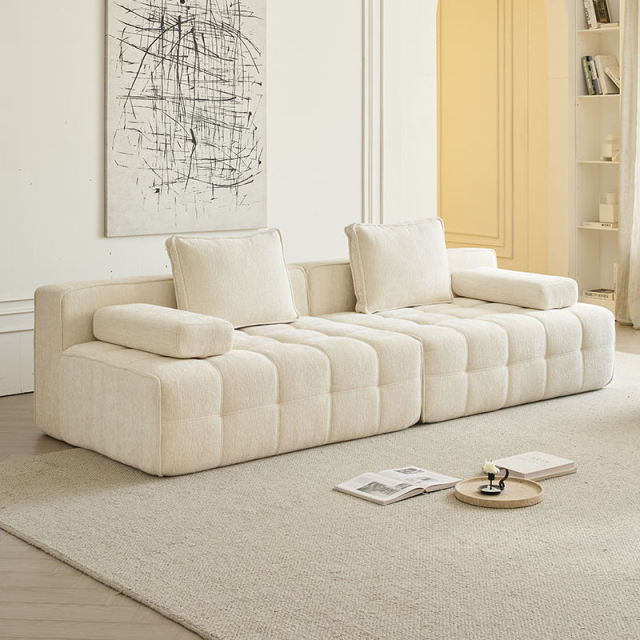 China Manufacturer Cube Modular Compression Sofa Vacuum Packed Sectional Couch 35D High-Density Sponge Button Tufted Chenille Fabric OEM Custom Color for Living Room Apartment