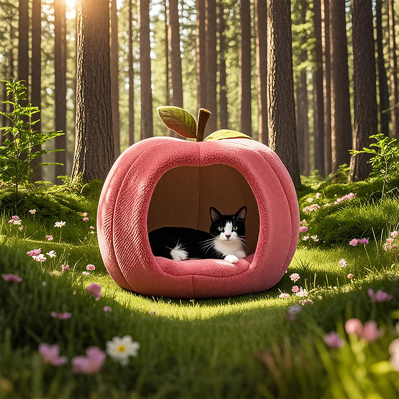 Apple Shaped Cat Bed, Warm Winter Cat Cave with Removable Washable Cushion, Cute Cozy Pet Sofa Bed for Cats & Small Dogs, OEM/ODM Customizable