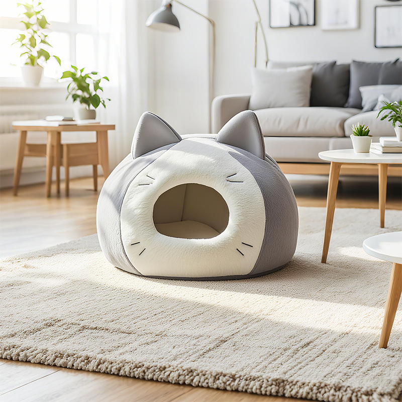 Wholesale Cat Face Semi-Enclosed Cat Bed, Winter Warm Pet Cave with Memory Foam, Factory Direct Cat House for Cats & Small Dogs, Customizable