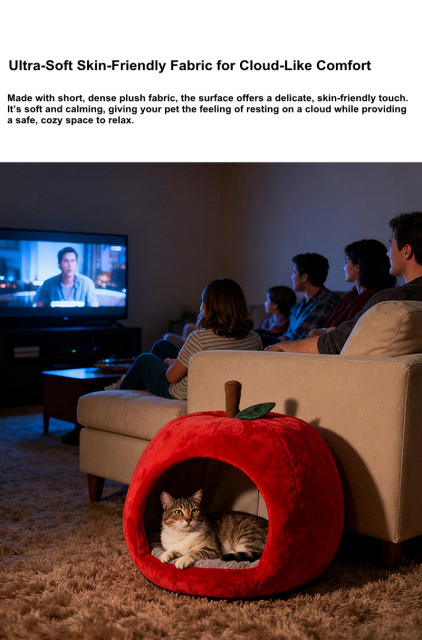 Apple Shaped Cat Bed, Warm Winter Cat Cave with Removable Washable Cushion, Cute Cozy Pet Sofa Bed for Cats & Small Dogs, OEM/ODM Customizable