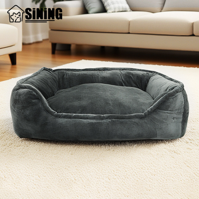 Compressible Plush Dog Bed, Sofa-Style Pet Bed with Non-Slip Bottom, Washable PP Cotton Filled Cat Bed for Small Medium Dogs Cats