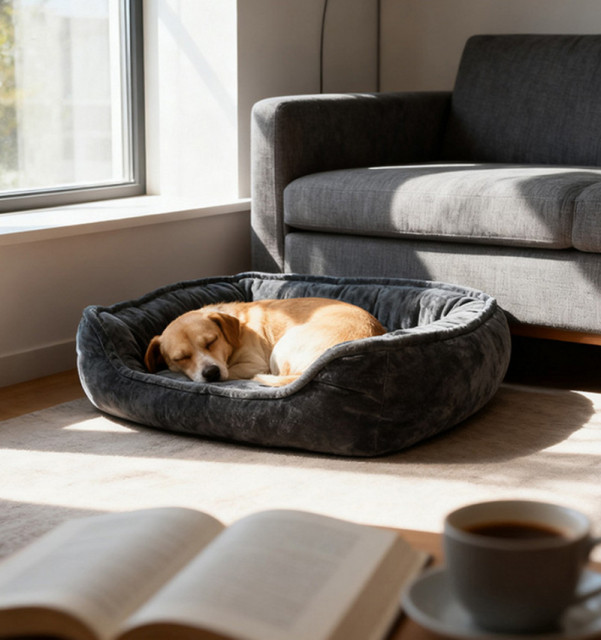 Compressible Plush Dog Bed, Sofa-Style Pet Bed with Non-Slip Bottom, Washable PP Cotton Filled Cat Bed for Small Medium Dogs Cats