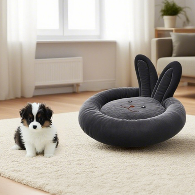 Bunny Shaped Plush Pet Bed, Round Dog Sofa with Removable Washable Cover, Cute Rabbit Cat Bed for Small Dogs & Cats, OEM/ODM Supported
