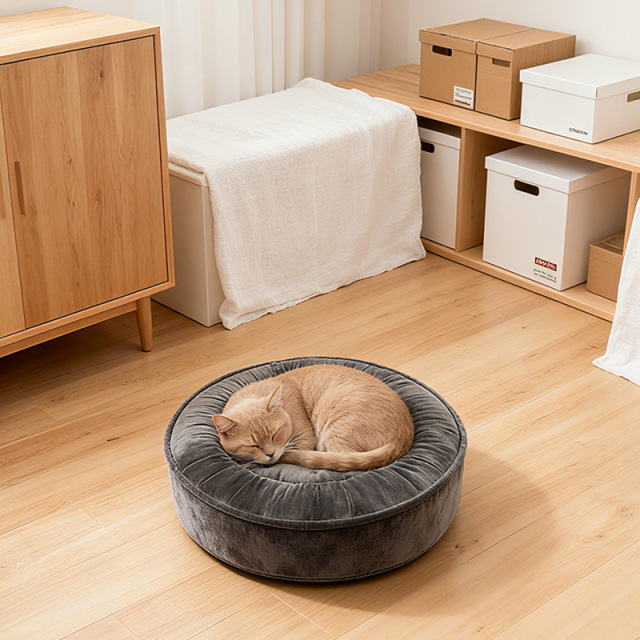 Wholesale Round Donut Cat Bed Soft Velvet Short Plush Dog Bed with Removable Washable Cushion High Resilience Foam for Indoor Pets