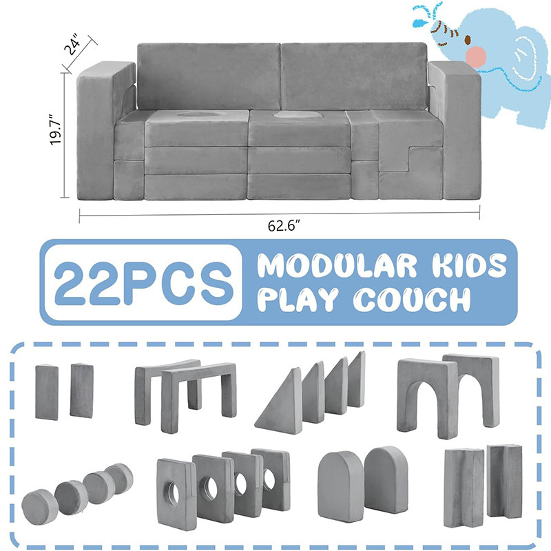 Factory Direct Custom 22-Piece Kids Modular Foam Play Couch, OEM Modular Building Block Sofa for Toddlers
